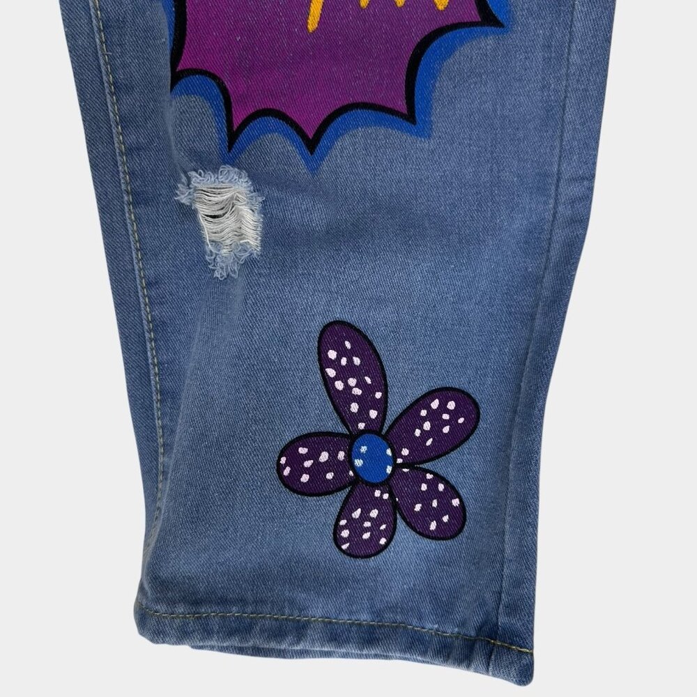 Women Ripped Jeans Straight Cut Boyfriend Size M Rhinestones Multicolor Prints - Picture 9 of 14
